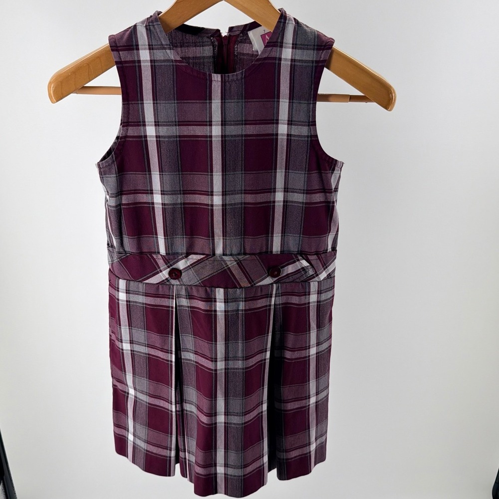 A+ School Apparel Girls Plaid School Uniform Jumper Dress Burgundy Grey Size-6